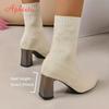Fashion Aphixta Beige Cotton Fabric Women Ankle Boots 5cm High Heels Modern Boots Big Size42 Shoes Woman Boats Botines Para Mujeres