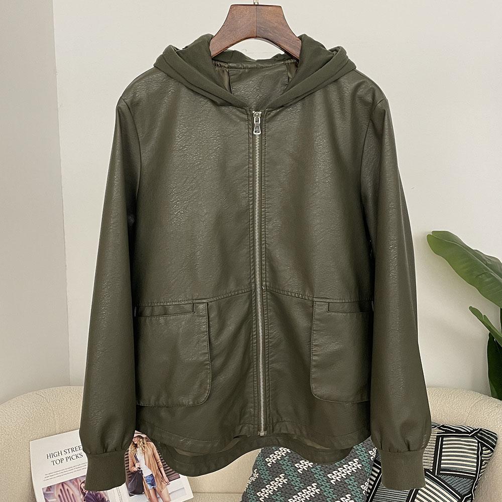 OFTBUY Женская винтажная свободная короткая куртка из искусственной кожи с капюшоном, повседневная байкерская куртка, женская куртка на молнии в стиле ретро, байкерское пальто, верхняя одежда, топы