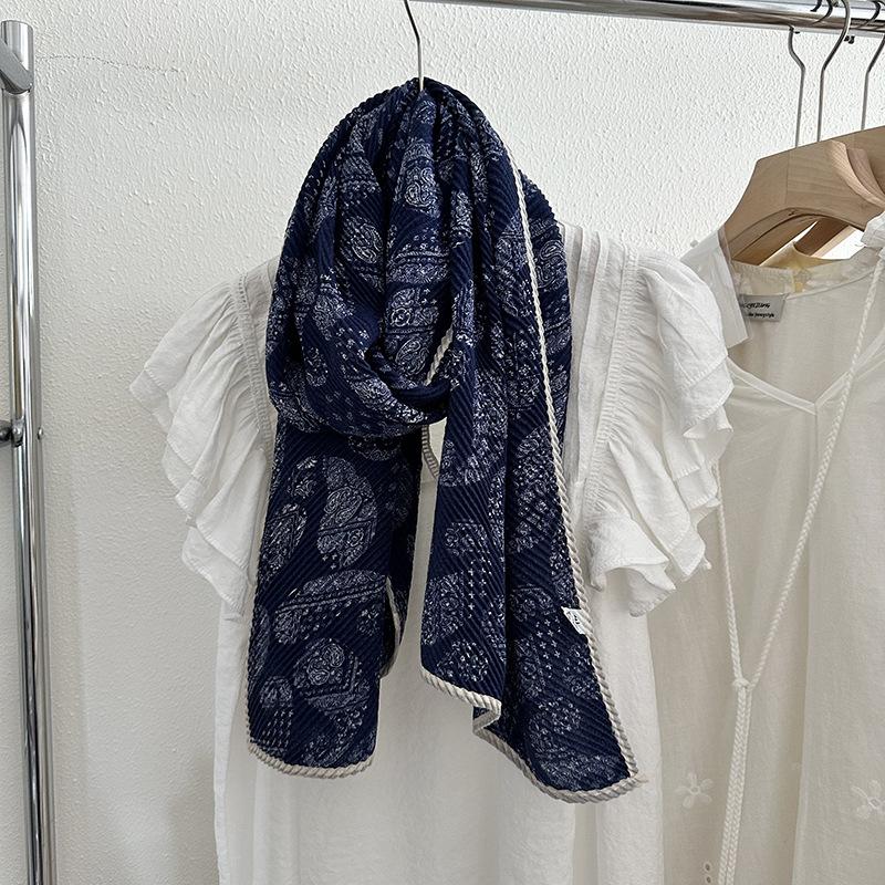 Women's Double-layer Cotton and Linen Floral Scarf Autumn and Winter Pleated Wrapped Shawl Scarf