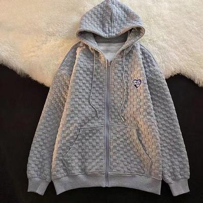 Худи большого размера свободного кроя на молнии с вафельным плетением и карманами для осени