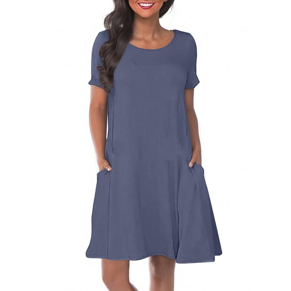 Women's Solid Color Round Neck Solid Color Casual Pocket Short Sleeve Swing Dress