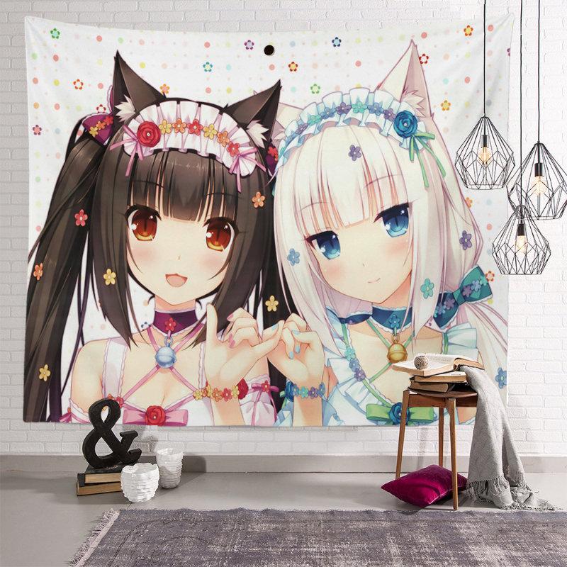 Kawaii Anime Cat Ear Girls Tapestry Wall Hanging Cartoon Maid Uniform Cute Manga Aesthetic Wall Art Bedroom Dorm Decor