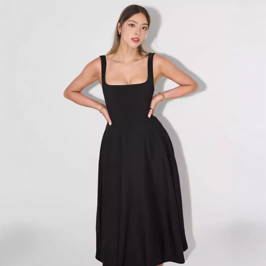 Women's Summer Simple Sexy Solid Colour Straps Slim Midi Dresses