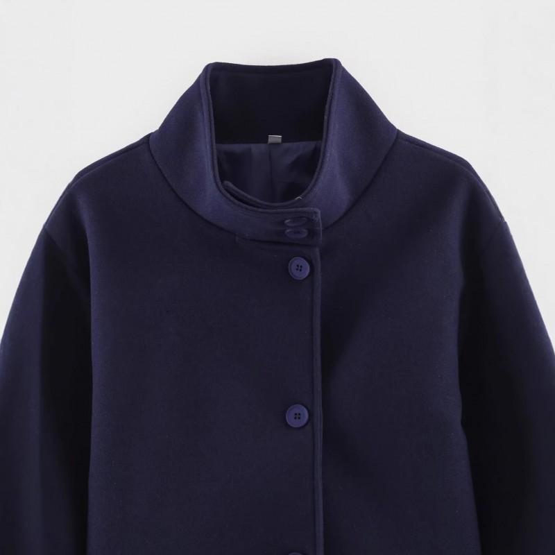 Womens Short Wool Blend Coat With Button Detail Stand Collar Street Style Winter Outerwear