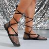 Мода Мода Крест Тонкий Ремень Сандалии Лето Новый Квадратный Носок Мелкий Вырез Стразы Сетка Дышащие Мягкая Подошва Плоская Обувь