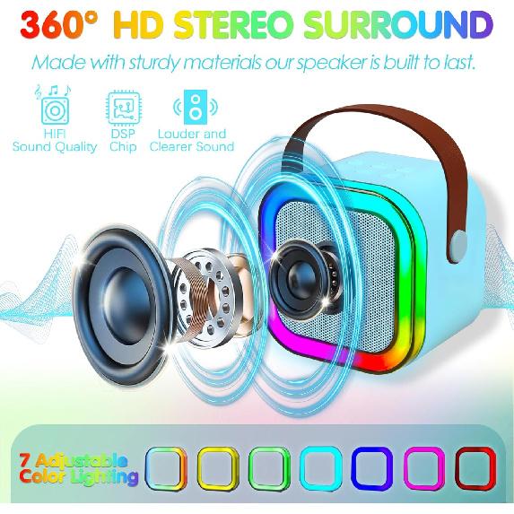 Mini Karaoke Machine,Portable Bluetooth Speaker with 2 Wireless Microphone for Kids Adults with Led Lights,Christmas Birthday Gifts for Girls Ages