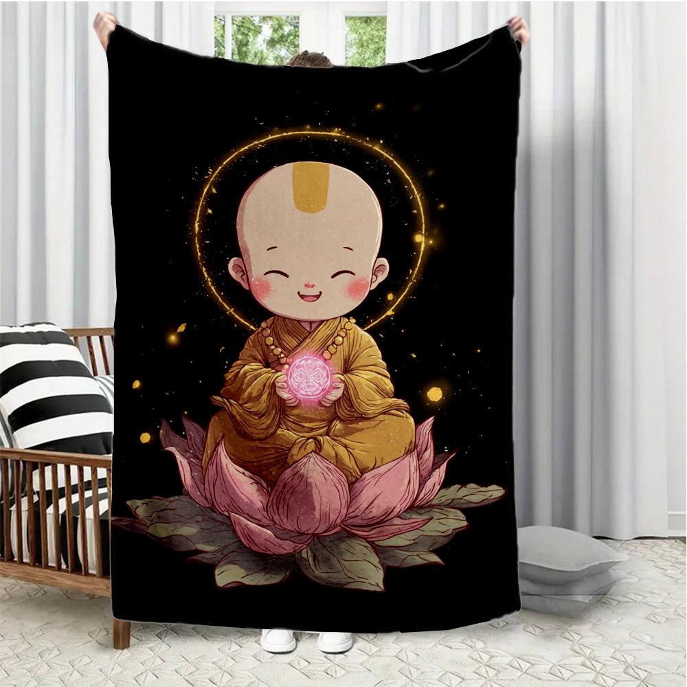 Cartoon monk with lotus flower pattern Flannel printed blanket suitable for all seasons for living room office sofa and travel