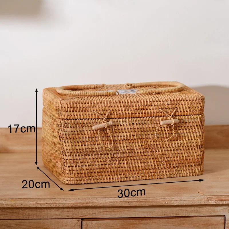 Handwoven Rattan Storage Box with Lid Tea Food Container Kongfu Tea Set Bread Fruit Basket with Lid Puer Tea Bag Organizer