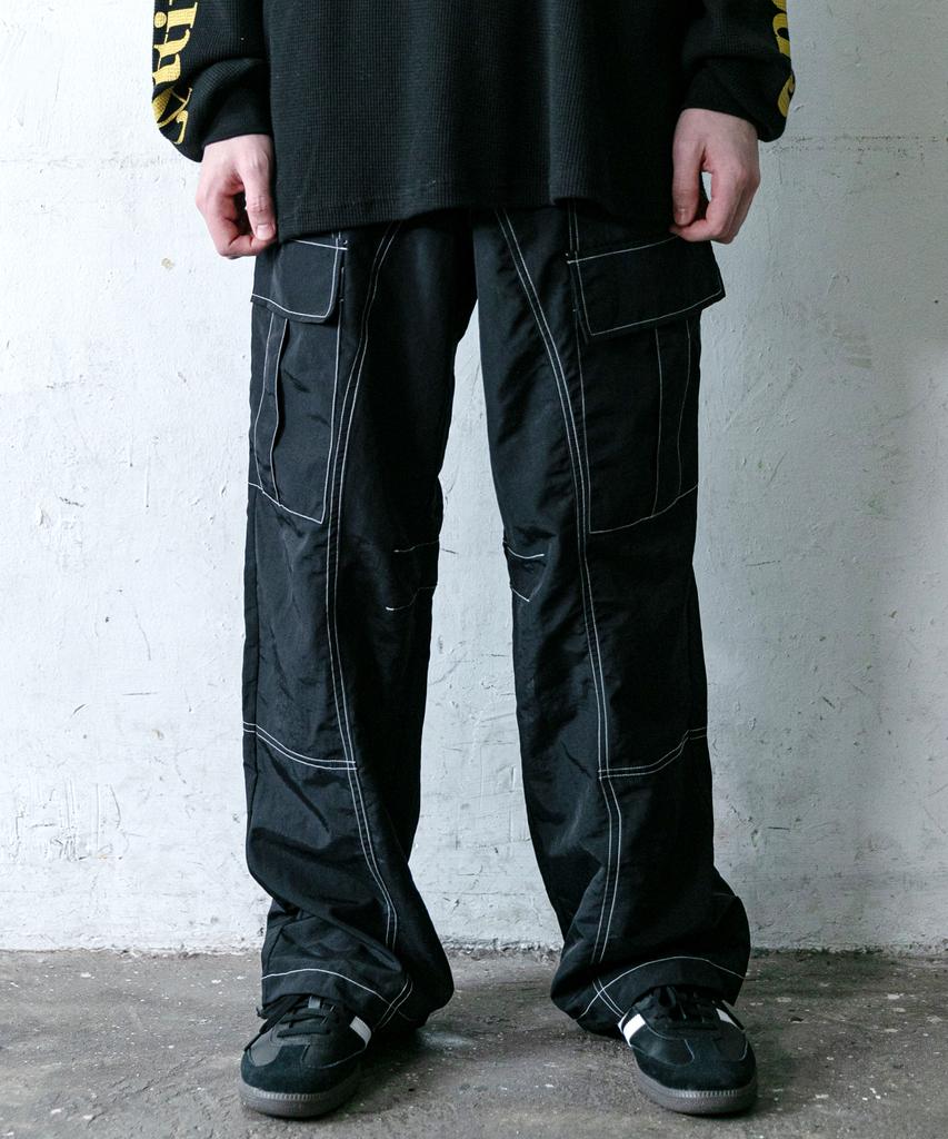 OPEN ATTITUDE Stitch Wide Cargo String Pants-Black