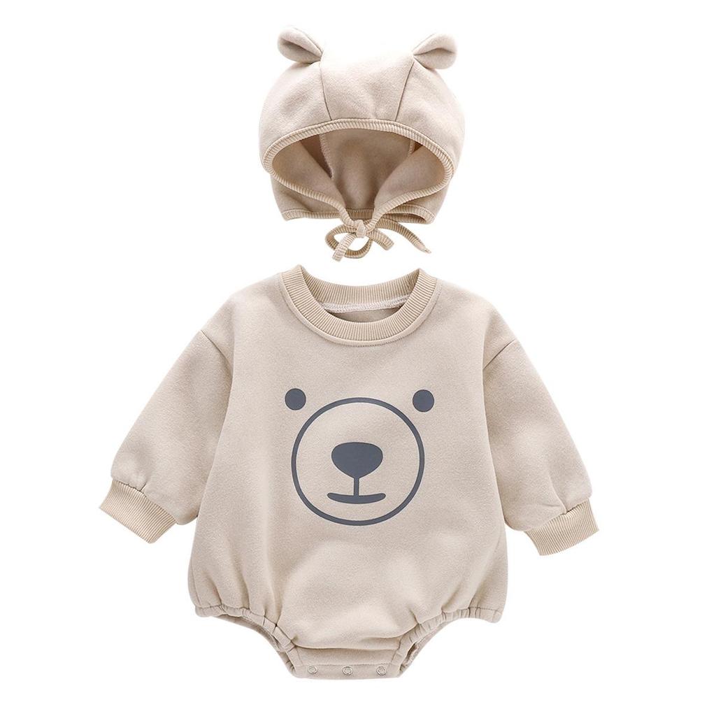 Cute Bear Print Baby Romper with Hat - Long-Sleeve Spring & Autumn Crawling Outfit