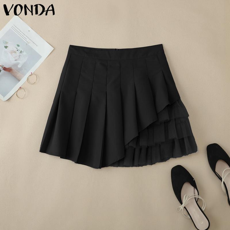 VONDA Женские однотонные сетчатые мини-юбки с застежкой-молнией на талии в стиле пэчворк