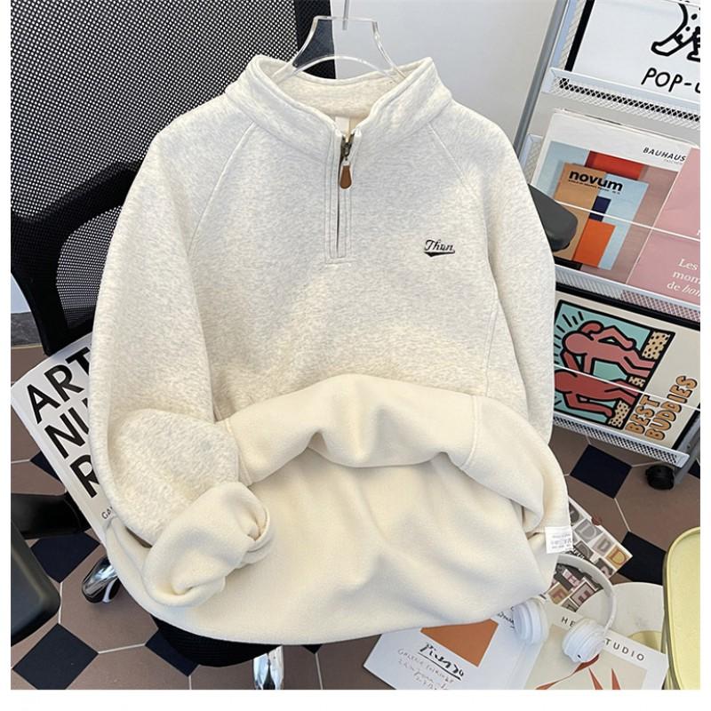 Unisex Thickened Fleece-Lined Stand Collar Pullover Hoodie Warm Loose Fit Winter Long Sleeve Sweatshirt
