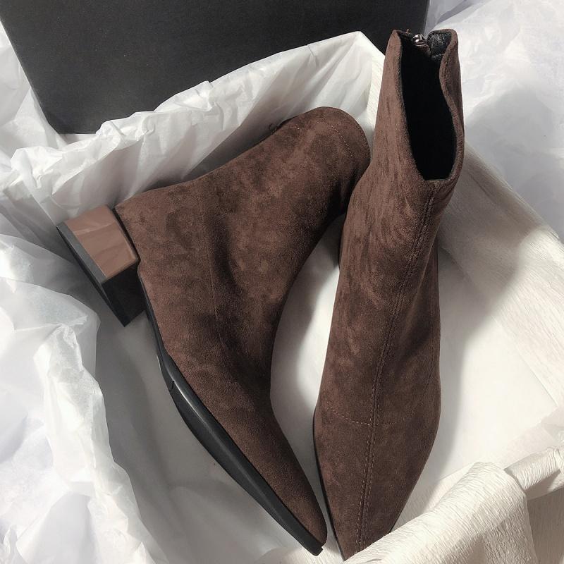 Мода сексуальные остроносые высокие каблуки ботильоны зимние теплые замшевые туфли женские 2025 тренд мода массивные туфли элегантные туфли-лодочки Botas Mujer