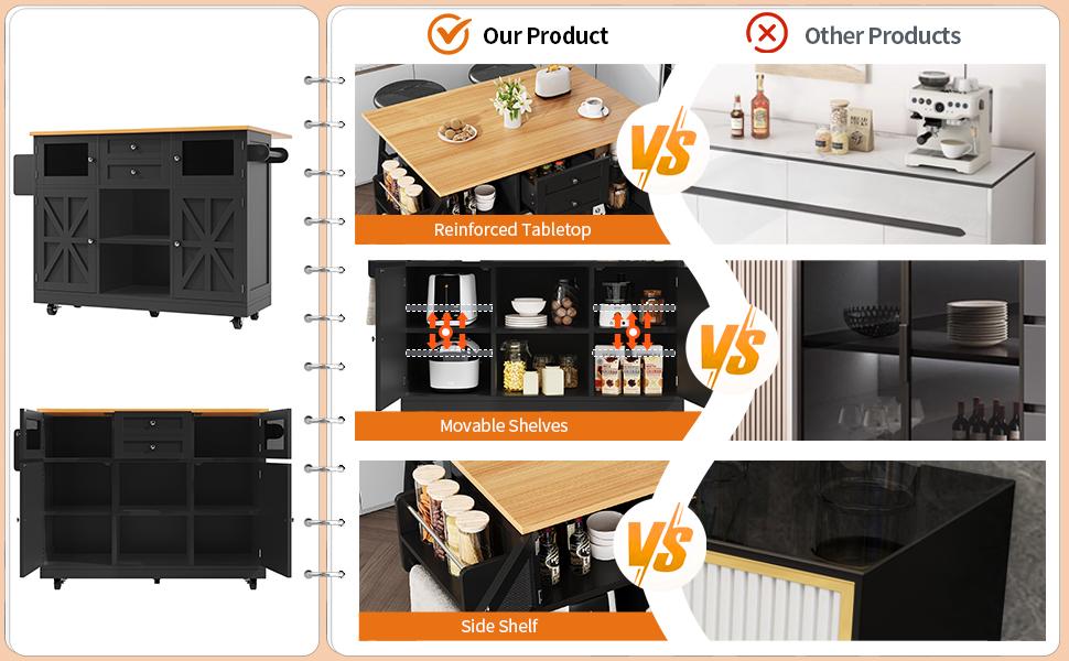 Kitchen island, dining cart with worktop, buffet cabinet, wood grain, side towel rail, cabinet doors with casters, adjustable dividers, black
