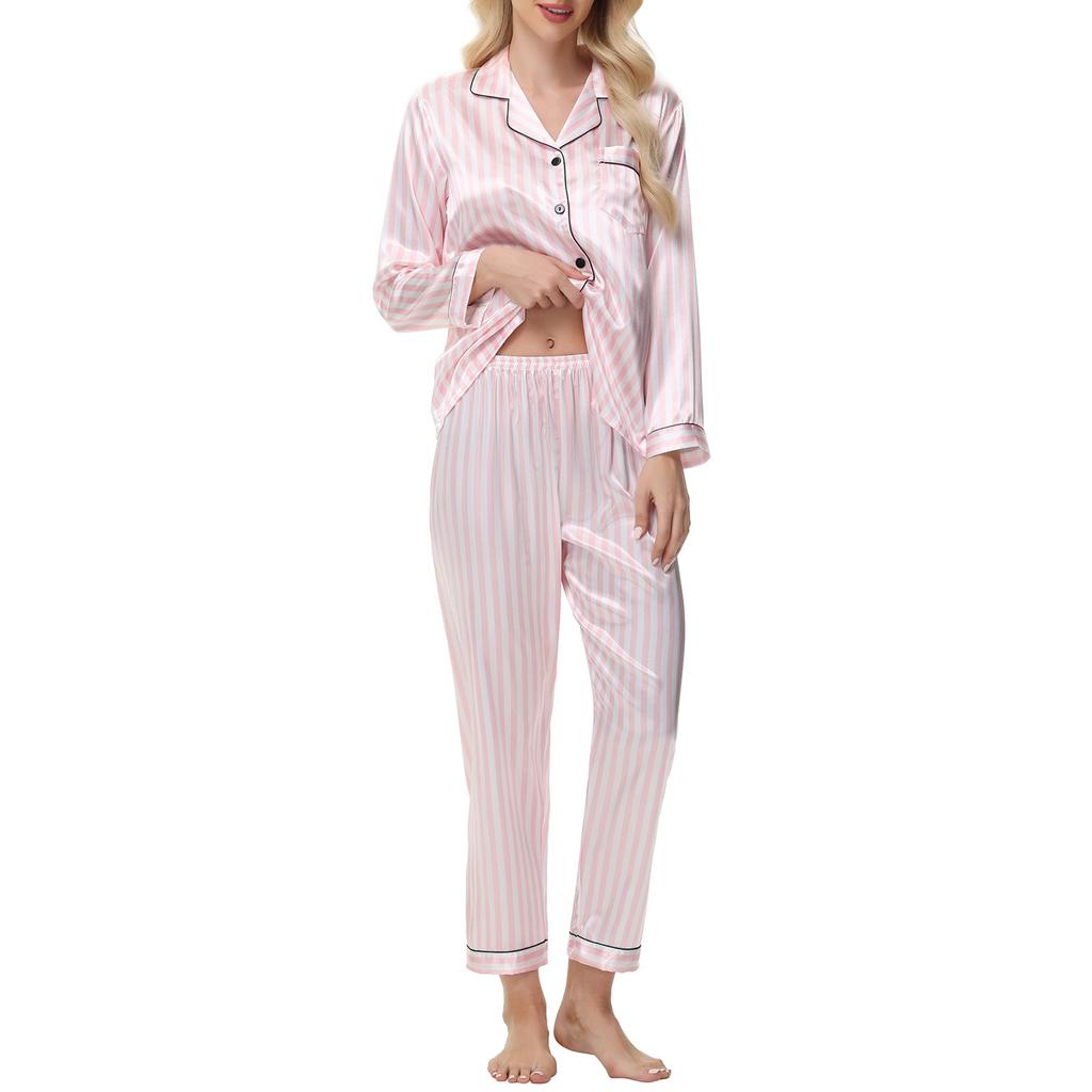 Атласный полосатый костюм из ледяного шелка с длинным рукавом, шелковая женская домашняя одежда