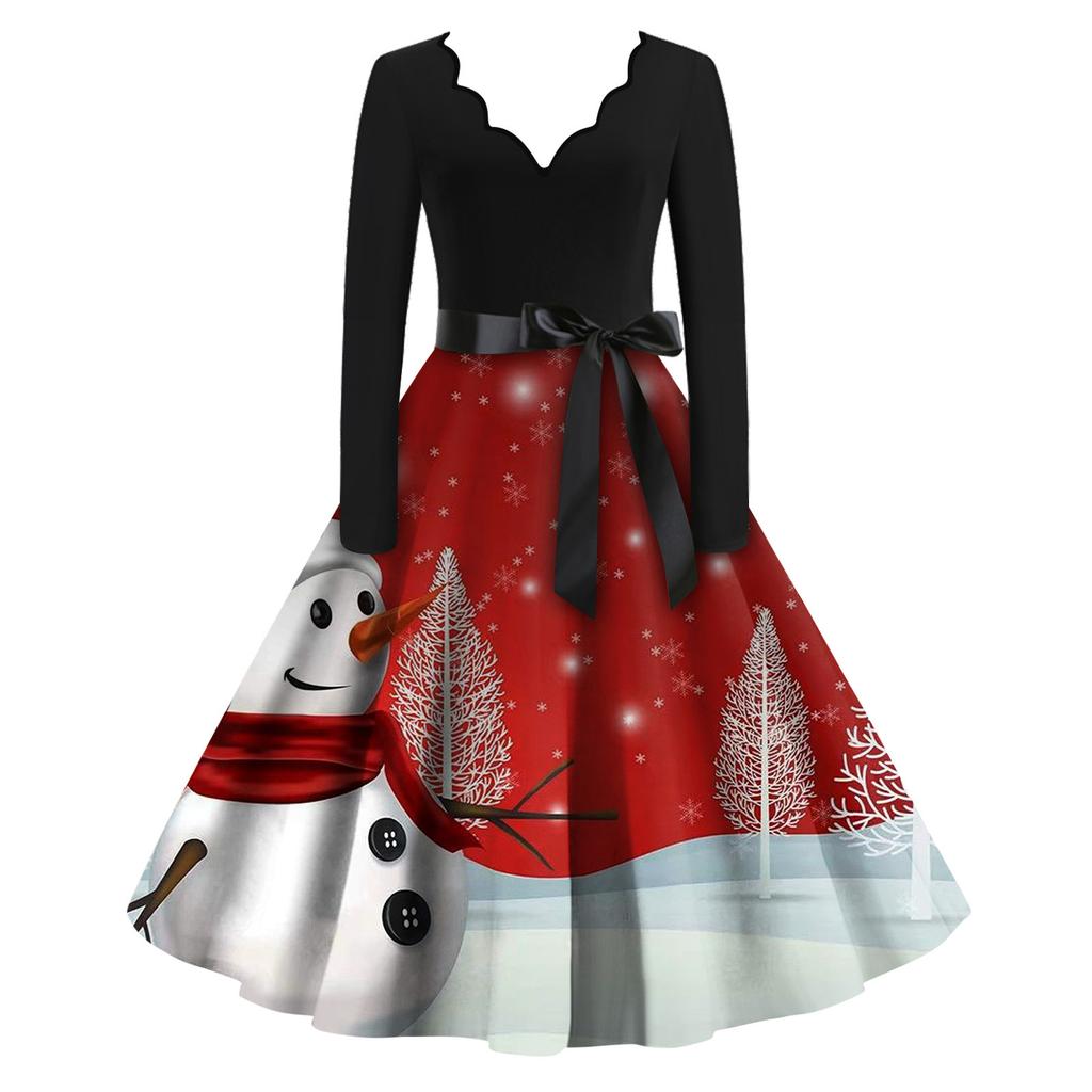 Женские модные повседневные тонкие рождественские платья с длинным рукавом с v-образным вырезом и принтом