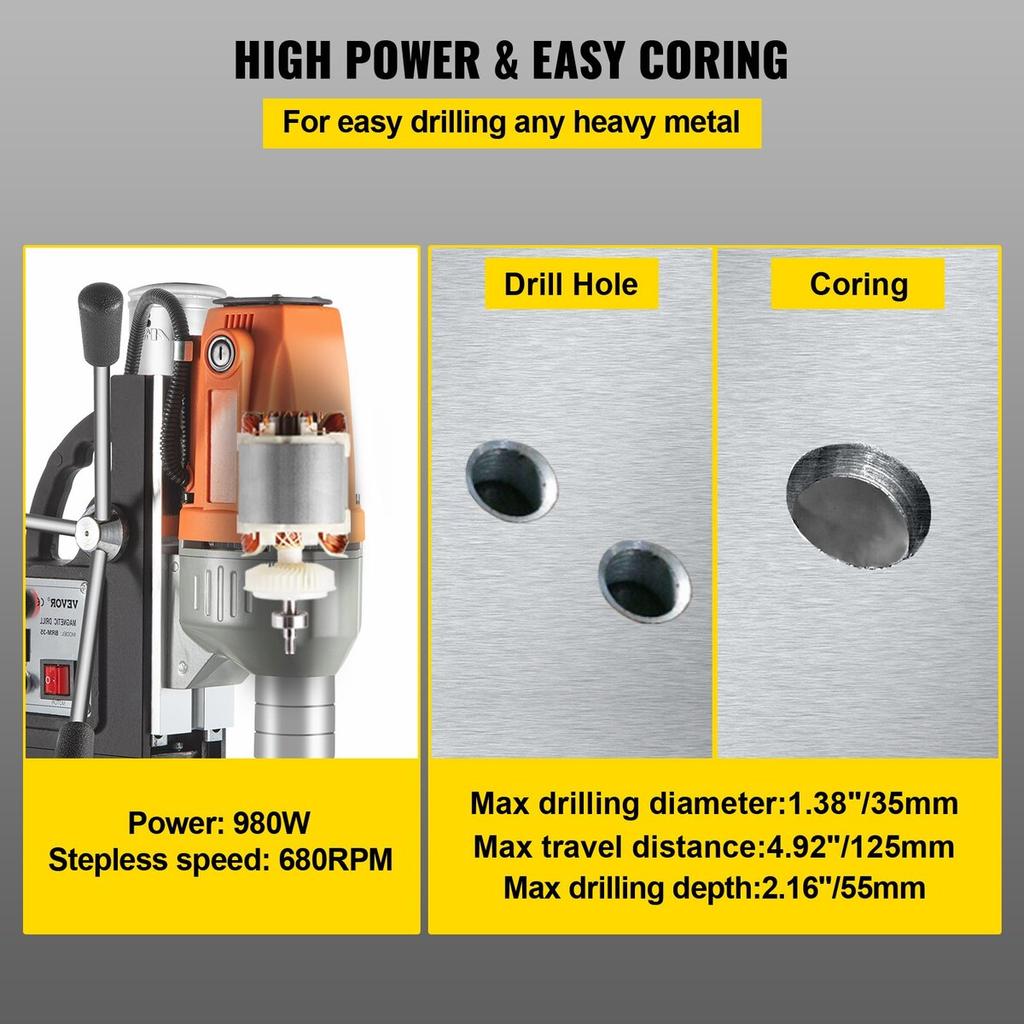 Magnetic Drill 220V-240V Magnetic Drilling Machine 980W, Metal Drill Press High Power 680 rpm, Multi-Function Metal Drill Press 35MM Core Drilling