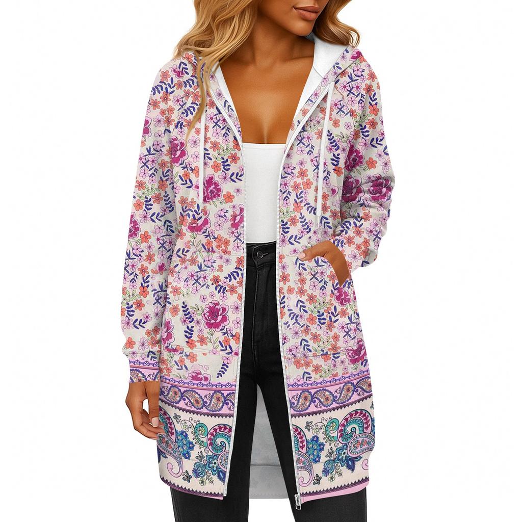 Women's Fashionable Printed Long Sleeved Drawstring Hooded Zipper Pocket Long Casual Sweatshirt Jacket
