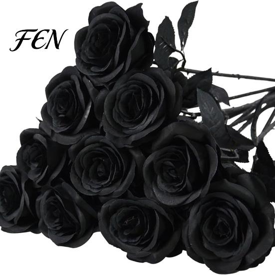 Long Stem Faux Flowers Realistic Silk Black Roses with Stems for Wedding Centerpieces, Halloween Home Durable Floral Decor, Artificial Arrangements