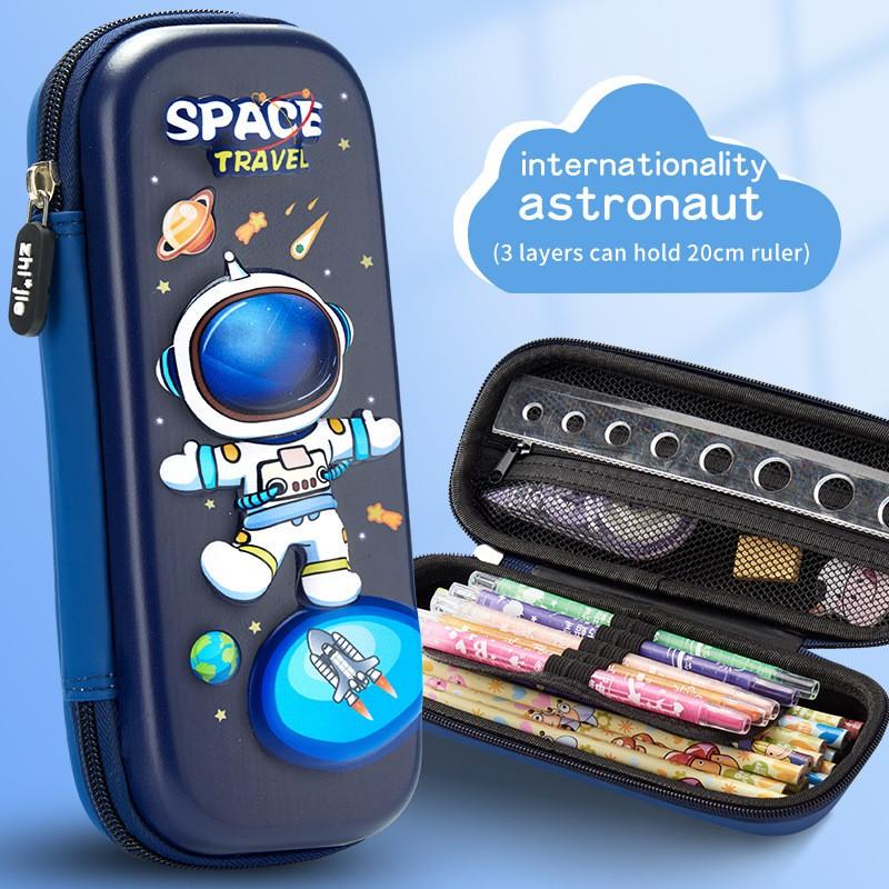 3D PU Pencil Case Kids Cartoon Space Rocket Unicorn Dinosaur Design Multi-compartment School Pouch Boys Girls
