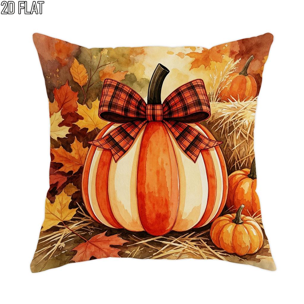 2D Flat - 1pc 2D Flat Throw Pillow Covers Autumn Pumpkin Leaves Hay Plaid Bow Fall Harvest Theme Orange Cream Brown Soft Velvet Washable Pattern Pillo