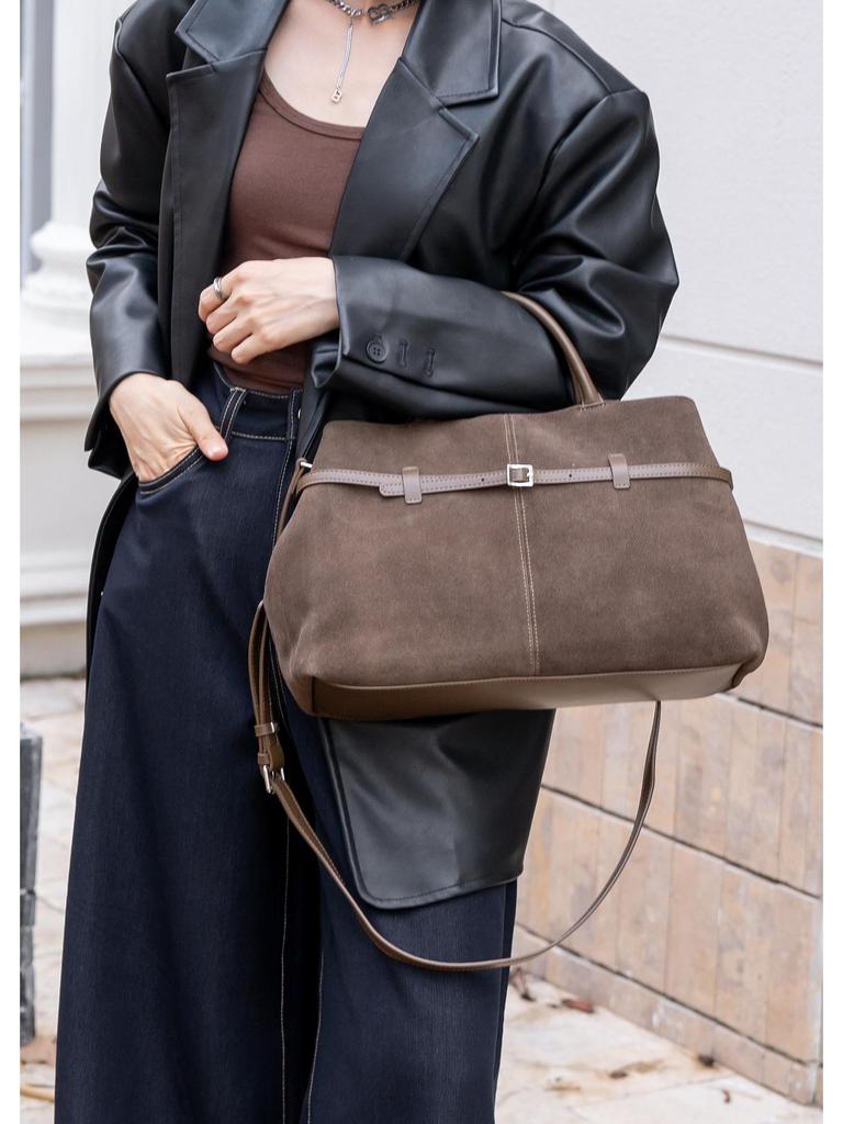 Премиальная замшевая женская сумка-тоут большой вместимости: Натуральная кожа, Ретро, Универсальная, Матовая, Ручная, Сумка через плечо и кроссбоди.