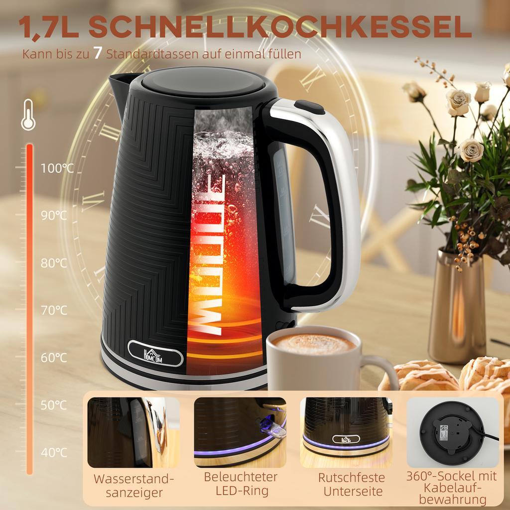Kettle and Toaster Set, 2200W, Otter Thermostat, 2-Slot Toaster, 7 Browning Levels, Crumb Tray, Black