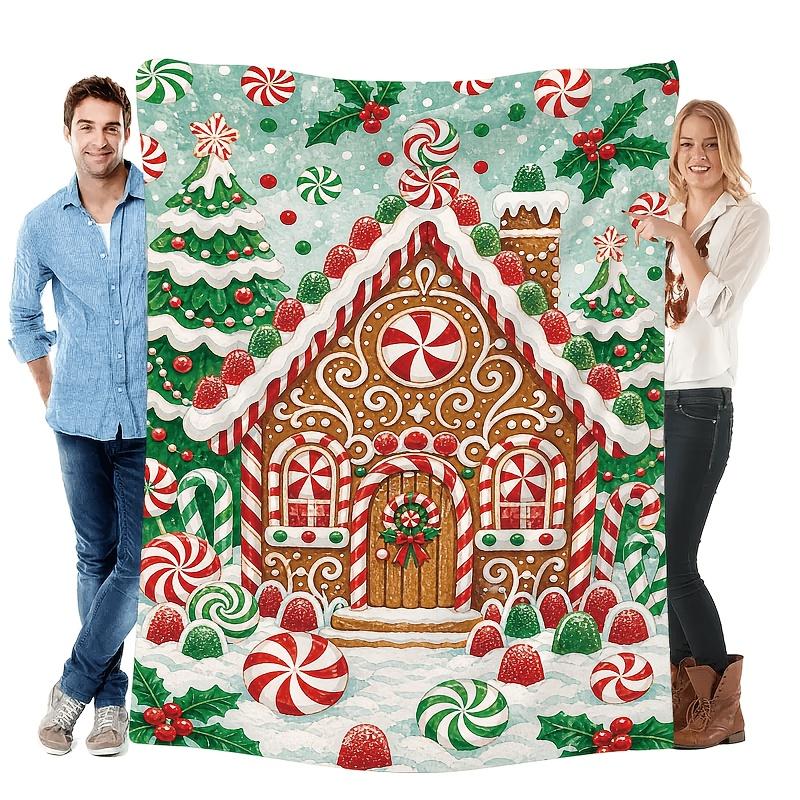 1pc Mint Gingerbread House Printed Flannel Blanket, Ultra Soft Cozy Plush, All-Season Use, Machine Washable, Multi Sizes, 280GSM Heavyweight, for Bedr