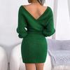 Шерстяное платье-запа́х Сексуальный V-образный вырез с перекрестом Рукав «летучая мышь» Однотонное Зима Осень Бедра