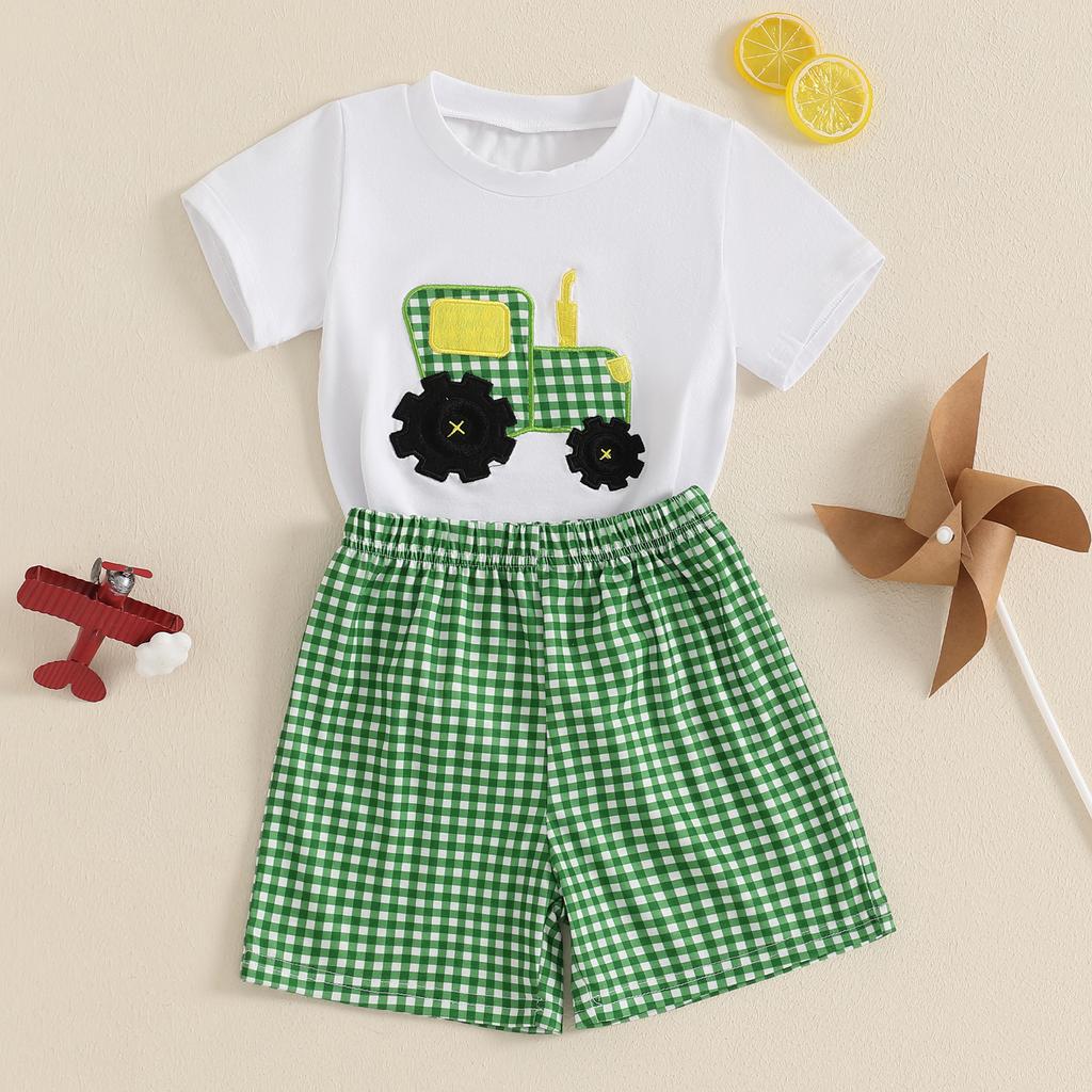 Комплект шорт для малышей и мальчиков ясельного возраста, футболка с коротким рукавом и вышивкой трактора, клетчатые шорты, 2 предмета, летний наряд