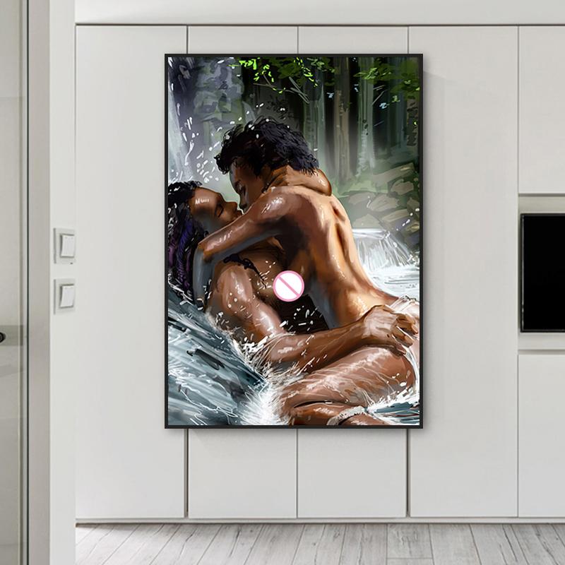 Kissing Lovers Canvas Art Oil Painting Naked Black Couple Poster and Prints Scandinavian Wall Art Modern Home Decorative Picture