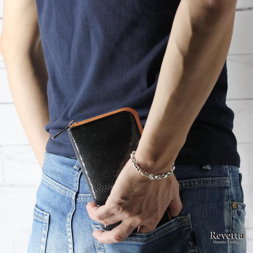 [Revetta] Длинный кошелек из кожи ската с круглой молнией, узор из ската и галюша, оранжевая натуральная кожа с оранжевой кожаной отделкой внутри [195stw]