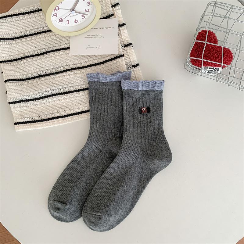 Dog Cartoon Embroidered Socks, Women's Pure Cotton Mid-calf Socks, Autumn and Winter Vertical Lace Socks, Versatile Casual Socks