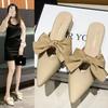 With Bow Low Heel Outside Shoes Khaki Women's Slippers and Ladies Sandals Pointed Toe Slides Mules Korea Style G Luxury H Sandal