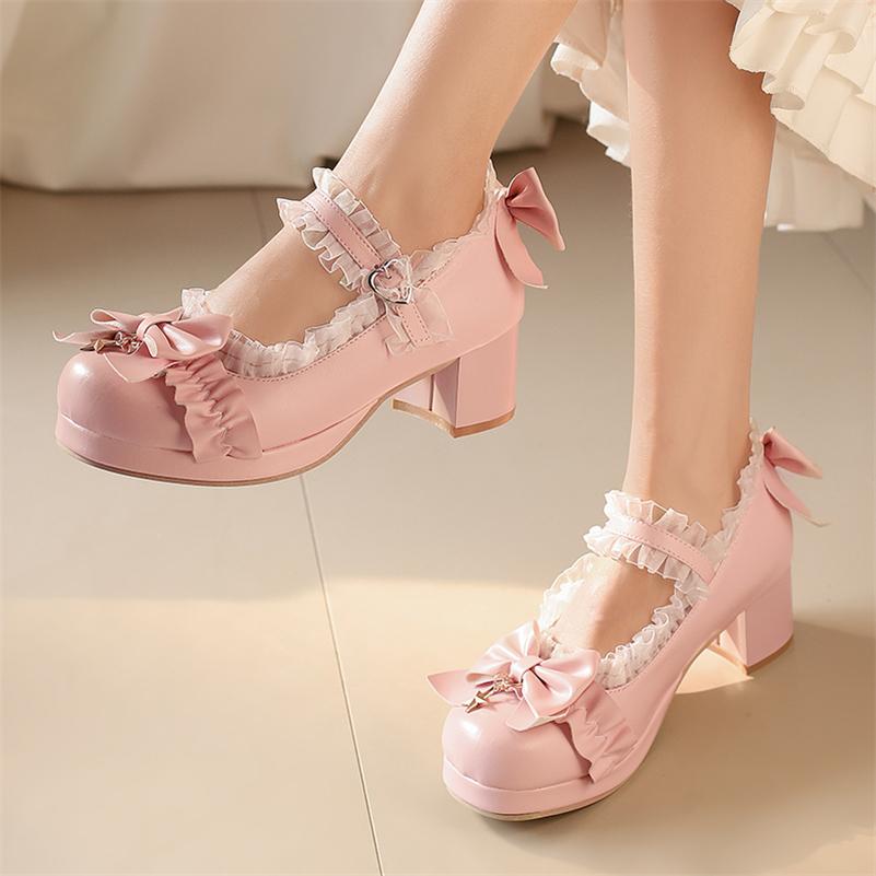 FOREADA Женские туфли-лолита Мэри Джейн с круглым носком, на толстом среднем каблуке, с пряжкой, бантом и оборками, кавайные модные женские туфли, весна-осень 46