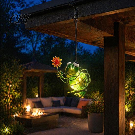 Solar Powered Patio Decor Frog Hanging Garden Light, Creative Metal Sculpture IP65 Automatic Dusk to Dawn Lamps Waterproof Outdoor LED Lamp