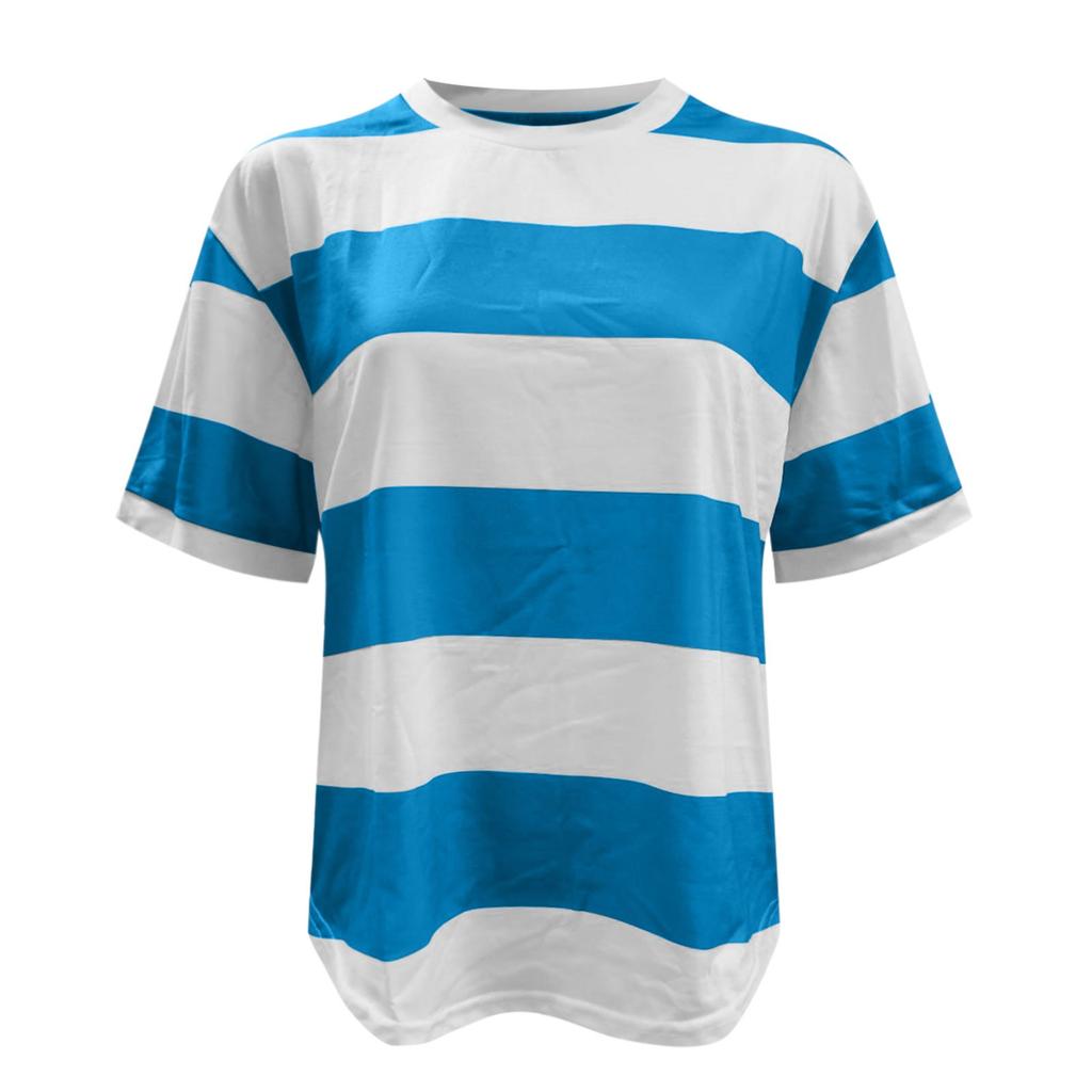 Blue White Stripe Patchwork Women's Tees Top Summer Short Sleeve Round Neck Slim Pullover Tops Fashion Vintage Female Clothing
