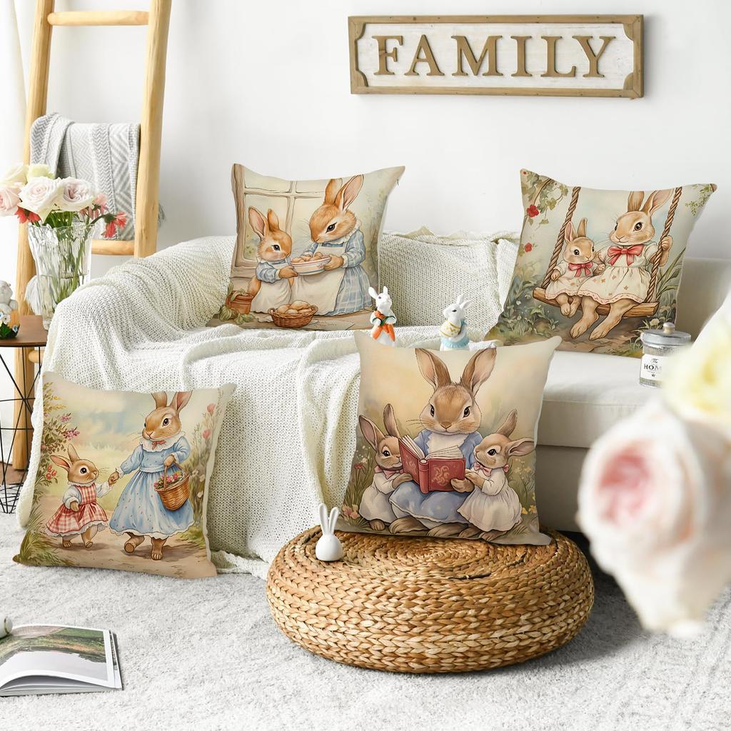4Pcs Spring Easter Happy Pillowcase, Bow, Cute Rabbit, Plant Flowers, Easter Egg Printed Decorative Sofa Cushion Cover