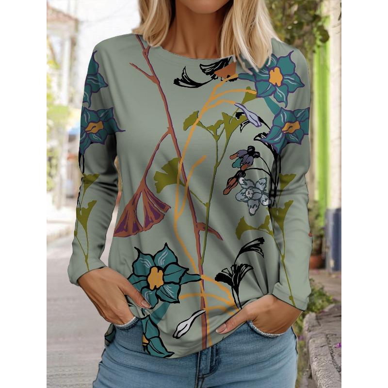 Women's White Long-sleeved Tops Round Neck Casual Tops 3d Printed Flowers Fashion Stickers Printed Women's Long-sleeved T-shirt