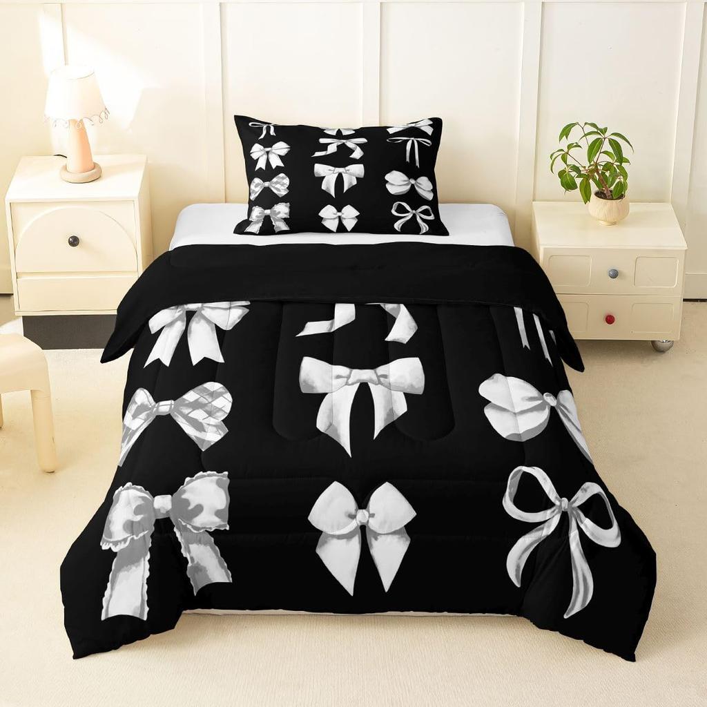 Erosebridal Blue Bow Bedding Set Twin Size - Teen Girl Coquette Bow Comforter Set for Kids Preteen Preppy Trendy Modern Bows Quilt Sets Blue