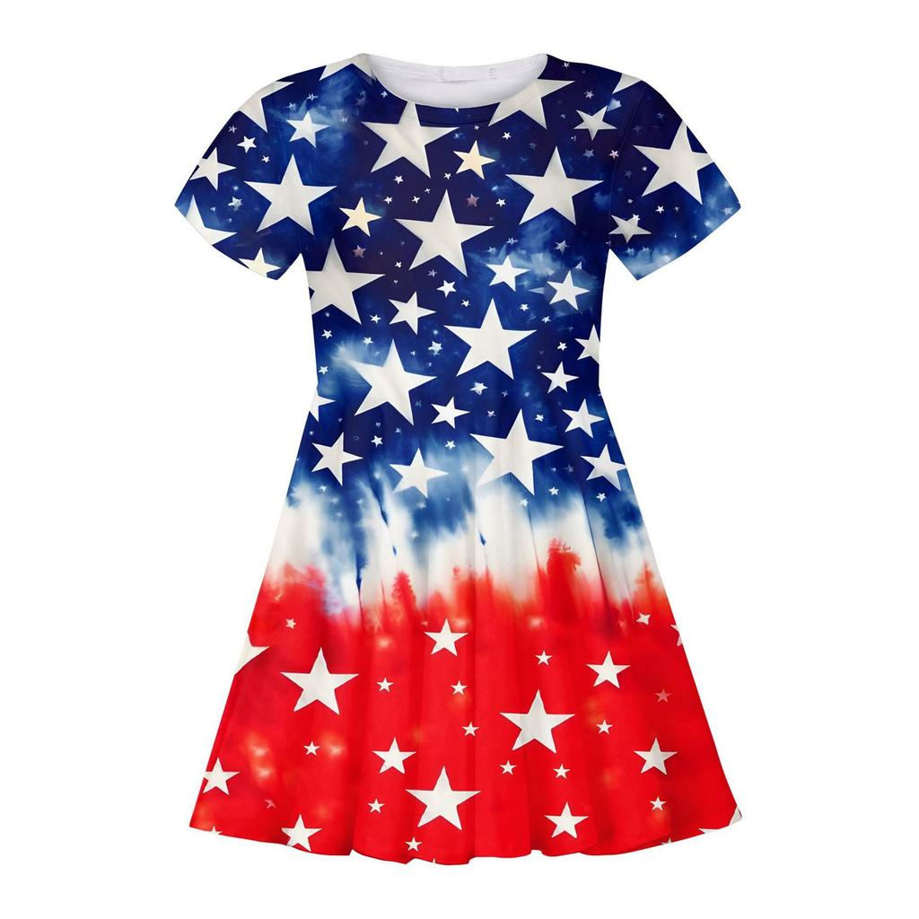 Summer Casual Loose Print Sweet Girl Short-sleeved Princess Independence Day Dress