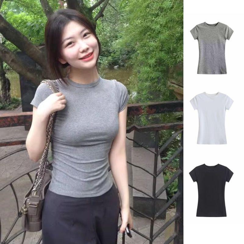 Женская футболка Summer Pure Desire Slim-Fit — однотонная, универсальная, с коротким рукавом, визуально стройнит фигуру, модный укороченный топ.