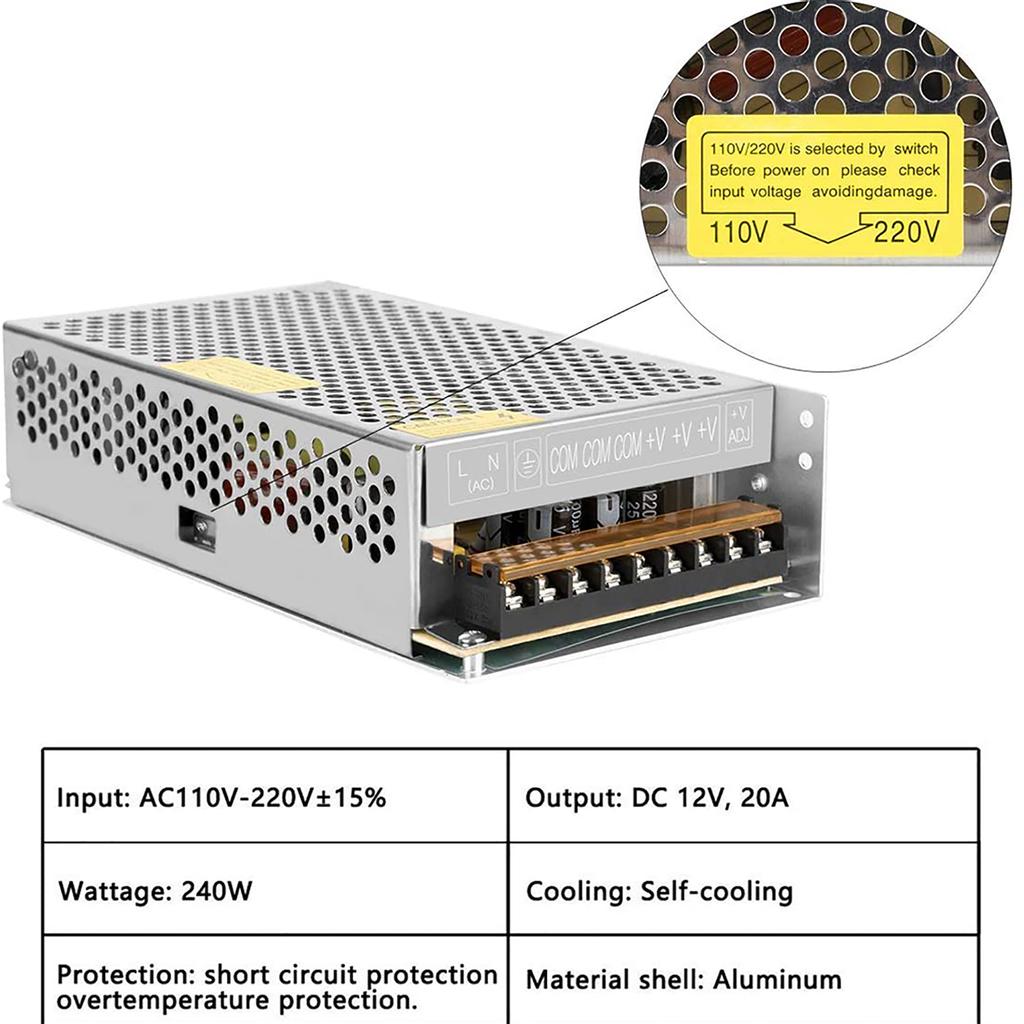 DC 12V 20A Универсальный регулируемый импульсный источник питания Трансформатор для светодиодной ленты