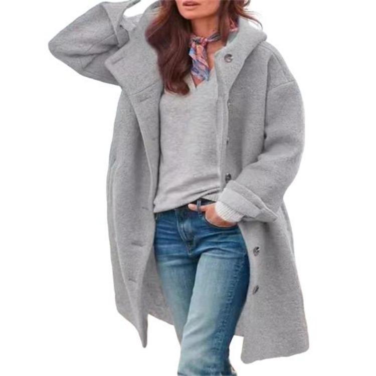 Women Midlength Casual Coat Hooded Long Sleeve Solid Color Autumn Outerwear with Pockets and Buttons Placket