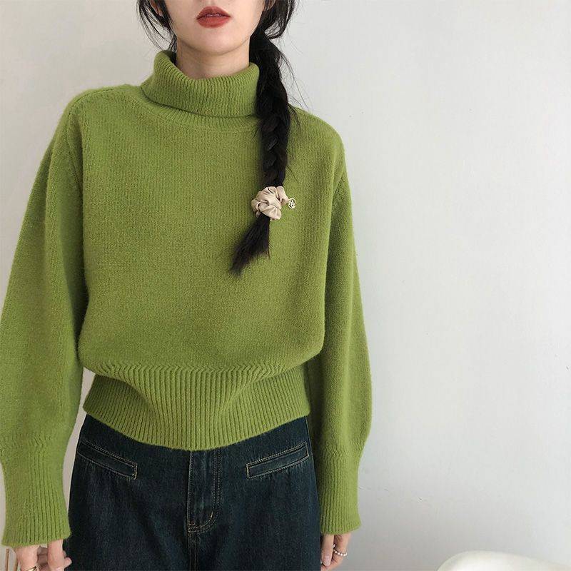 Autumn and Winter Korean Casual Solid Color High Collar Sweater Warm Knitted Sweater Top Women's Clothing