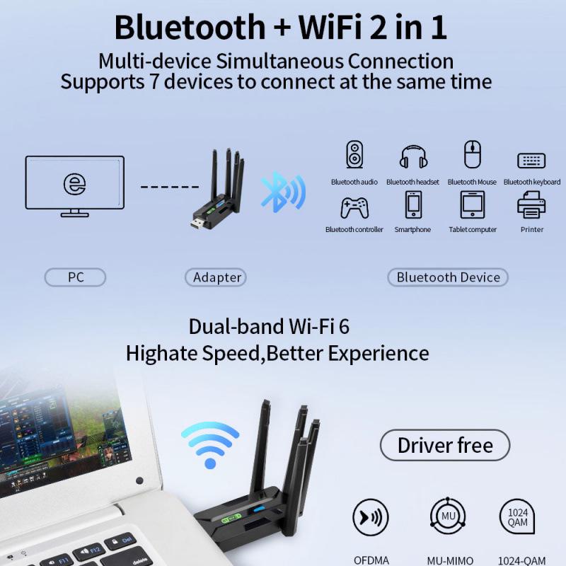 Двухдиапазонный USB-адаптер Bluetooth WiFi 6: Бесдрайверный 5G сетевой приемник, Plug & Play