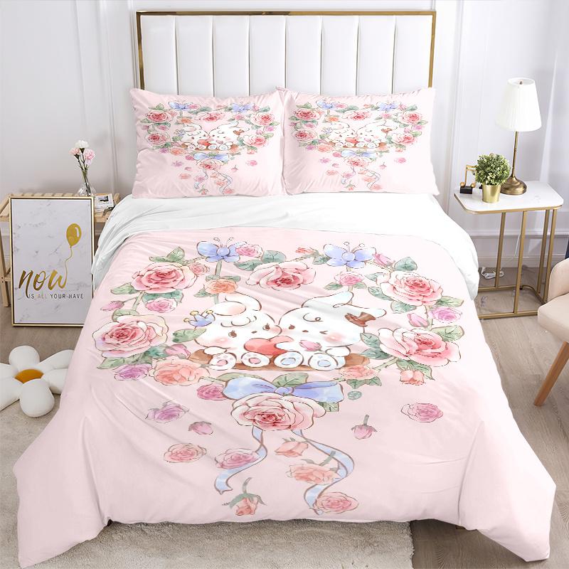3pcs Love Flowers & Bunnies Printed Quilt Set - Soft and Comfortable Quilt Cover for Bedroom, Guest Room and Dormitory Decorative Bedding Se
