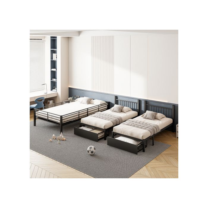 Lit Superposé Triple - MUVOE - Convertible 140x200 Et 90x200 - Noir - Avec Tiroirs - Métal