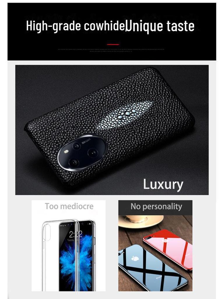 Чехол Honor 70 из воловьей кожи с рисунком в виде рыбки и жемчуга — получехол, совместим с моделью Pro