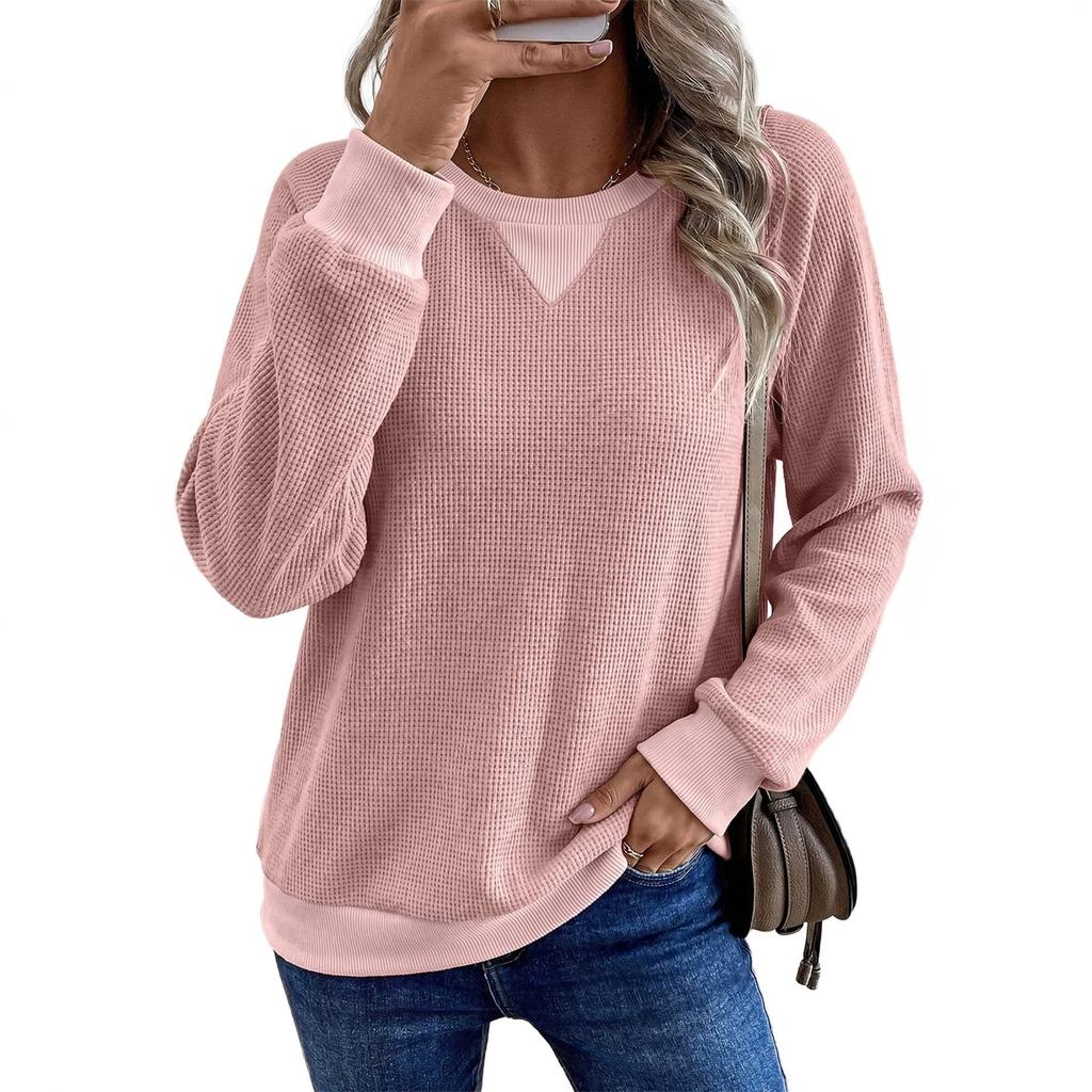 Women's Long Sleeve T-Shirt 2026 Fall Winter New Arrival Patchwork Color Block Waffle Knit Pullover Casual Loose Fit Tunic Top